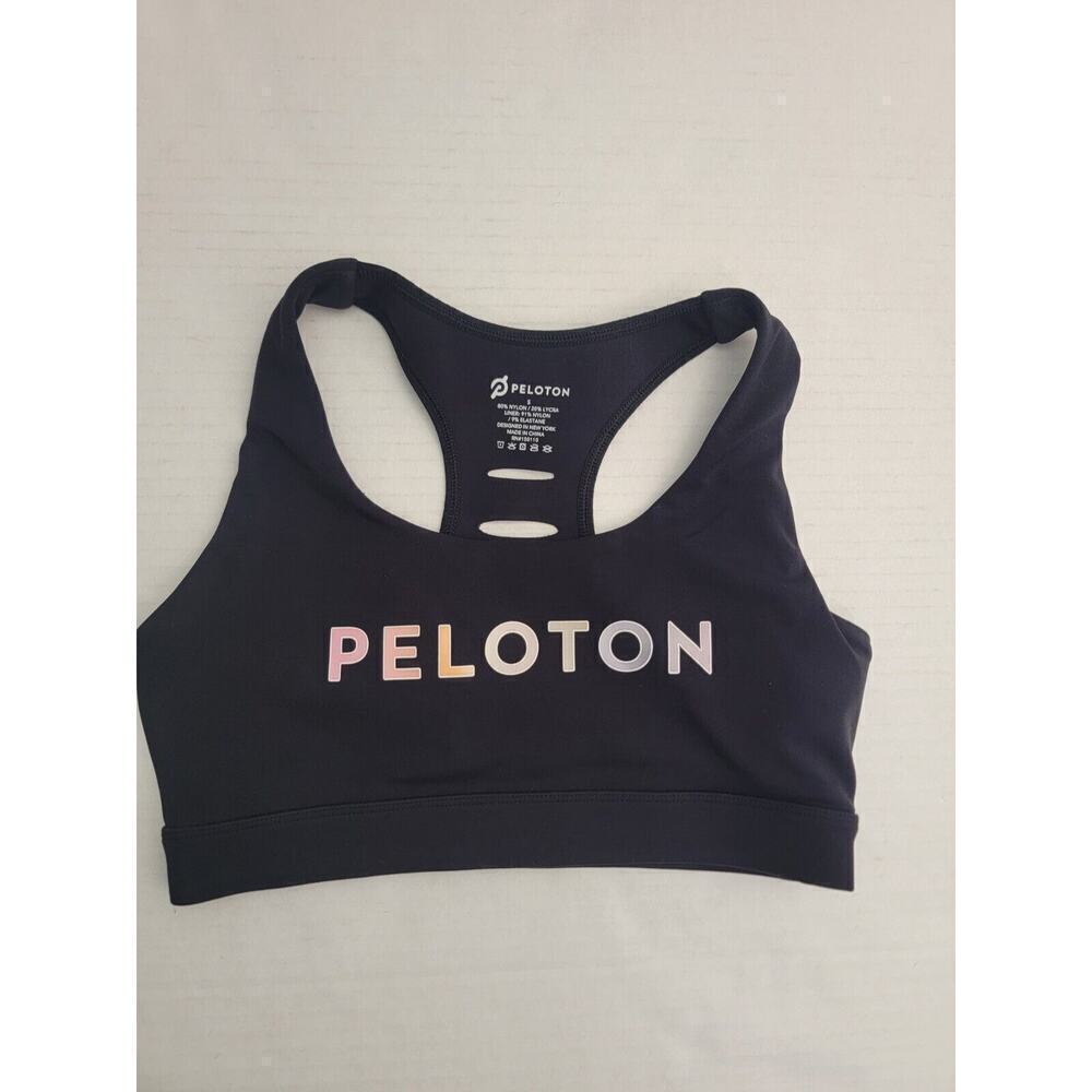 Peloton Sport BRA Womens Small Racer Back Removable Pads Black Multicolor Logo